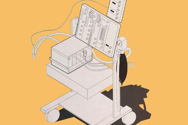 Technical illustration of Servo 300 nitric oxide NO mechanical ventilator with NO delivery system and mobile cart 